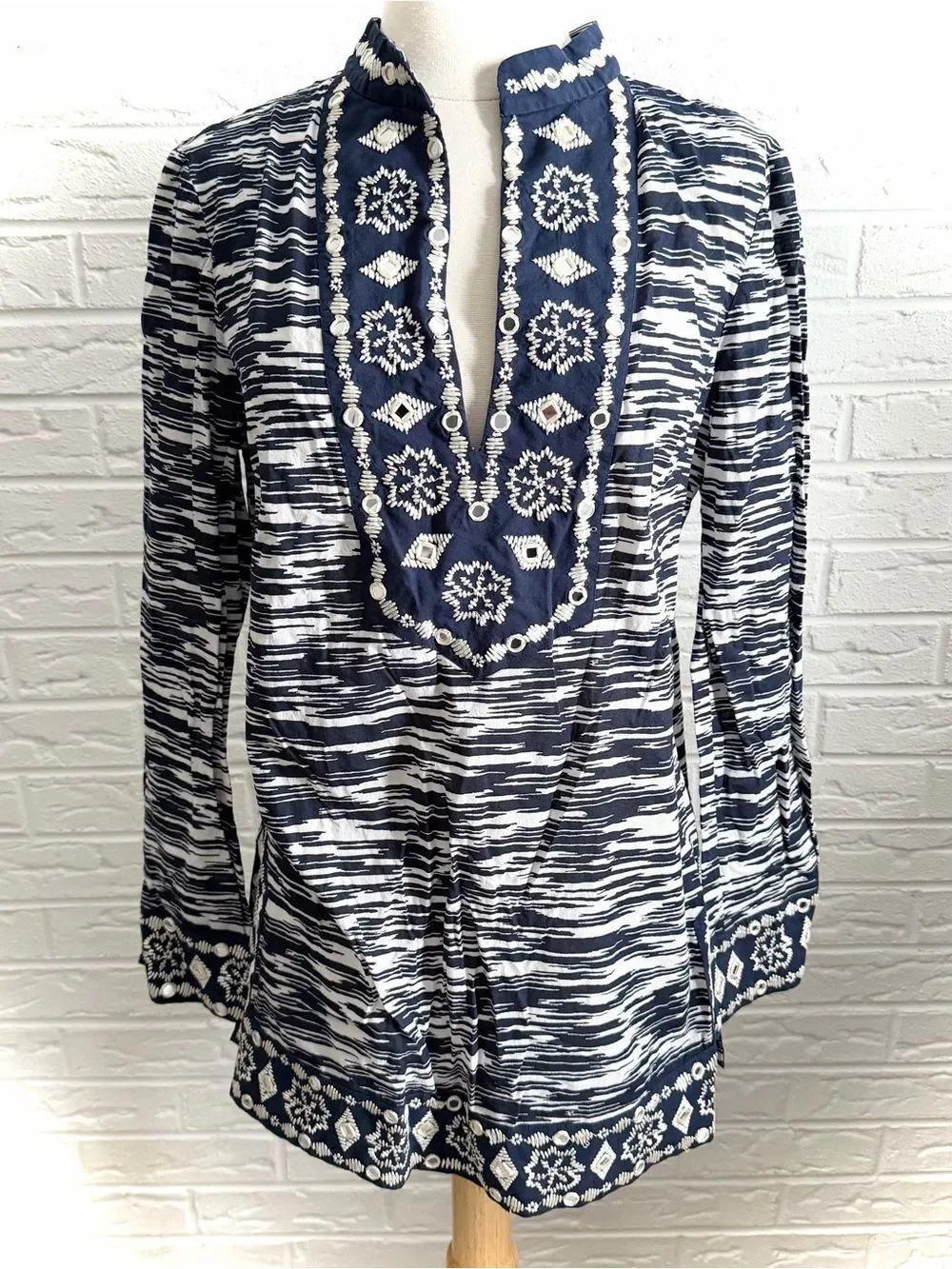 Tory Burch Navy Space Dye Embellished Tunic Size 10